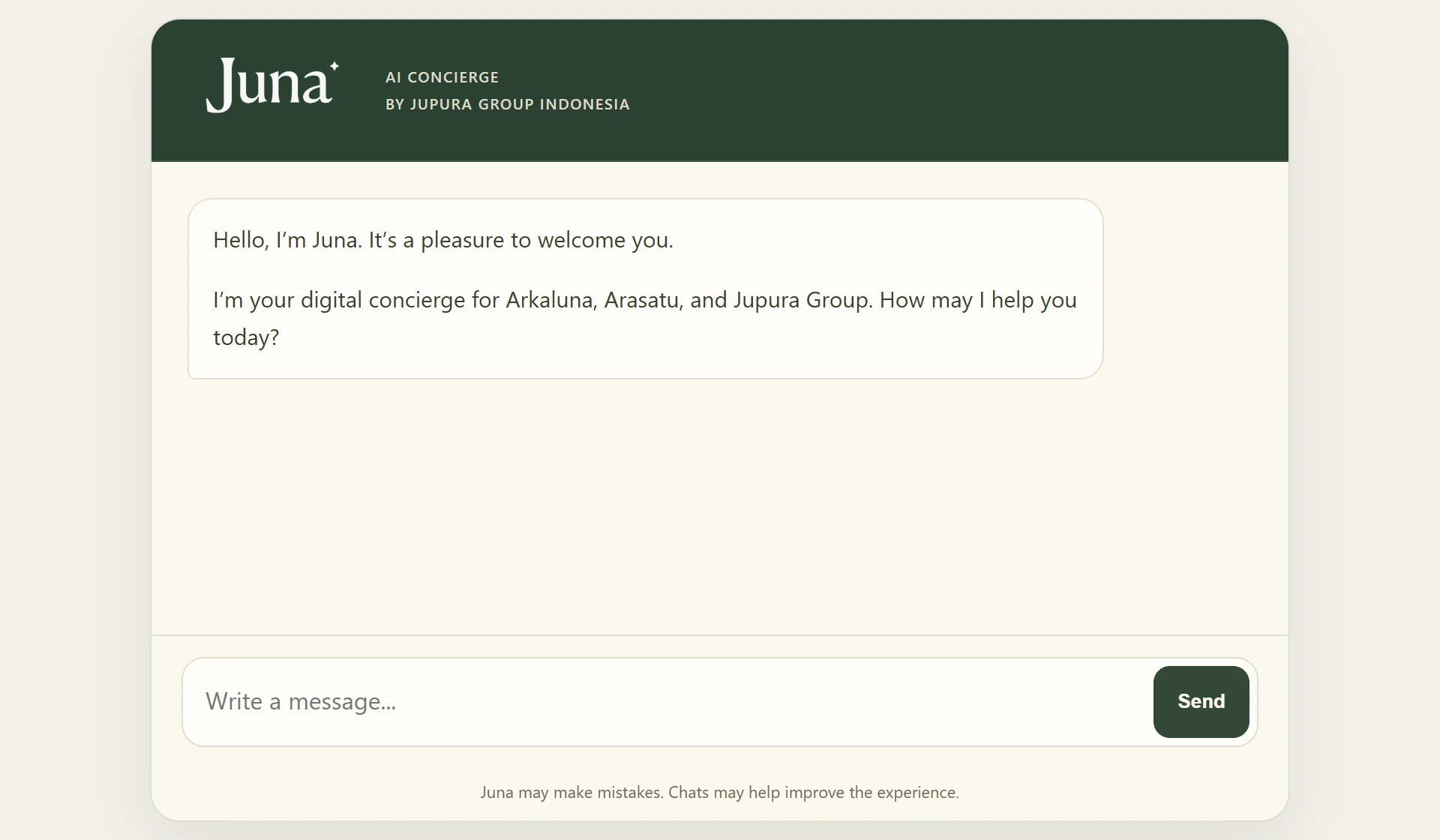 Juna Chat's public welcome screen and message field