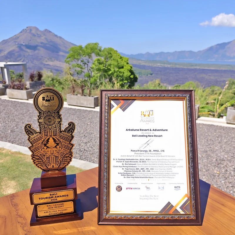 Arkaluna's Bali Leading New Resort trophy and certificate with Mount Batur in the background